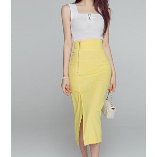 New 2 Pieces Set Women Summer Kintted Sleeveless Top And High Waist Bodycon Pencil Split Skirts Casual Suit