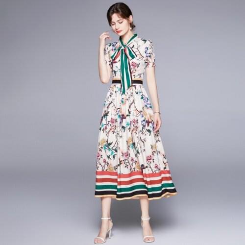 French Romantic Runway Summer Long Dress Women Striped Bow Tie Collar Patchwork Floral Print Party Vestidos k3108