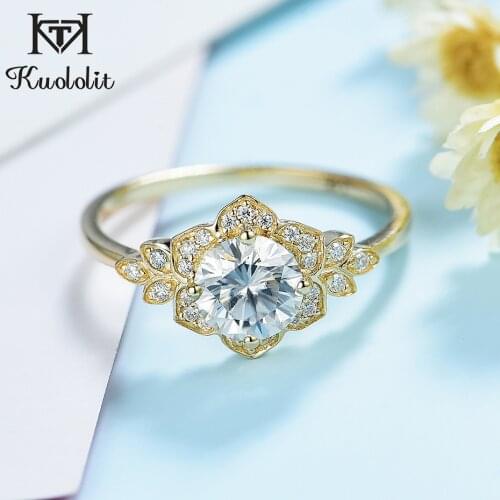Kuololit 100% Natural Moissanite 10K Yellow gold Ring for Women Round Solitaire ring Engagement bridal promise ring Fine jewelry
