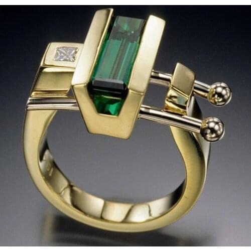 MENGYI Fashion Creative Golden Ring Geometry Inlaid With Green Zircon Women Punk Ring Suitable For Party Jewelry Wholesale Gifts