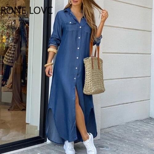 Women Solid Denim Button Front Shirt Dress Maxi Dress Elegant Fashion Casual Chic Dress