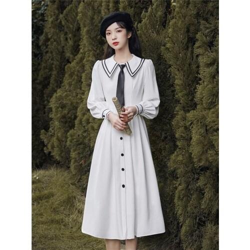 SWEETXUE 2021 Women Spring Summer Bew French Navy Collar White Dress With Tie Preppy Style Fashion Temperament Dress Ladies
