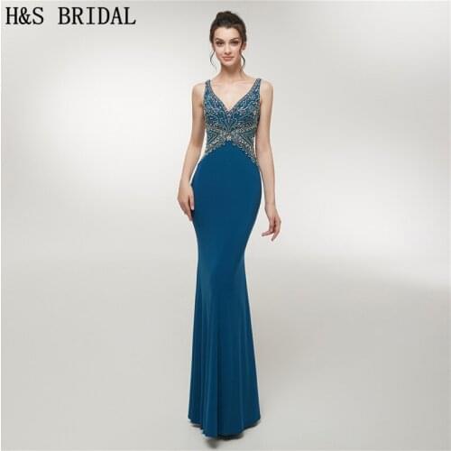 H&S Bridal Navy Blue V Neck Evening Dress Formal Long Beading Sweep train Elegant Dresses evening wear vestidos