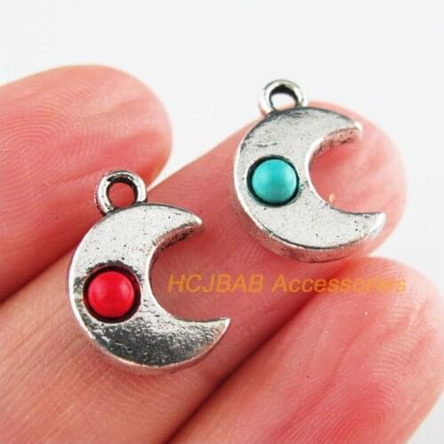 16 New Moon Charms Tibetan Silver Tone Red & Blue Stone Star Pendants 11x15.5mm