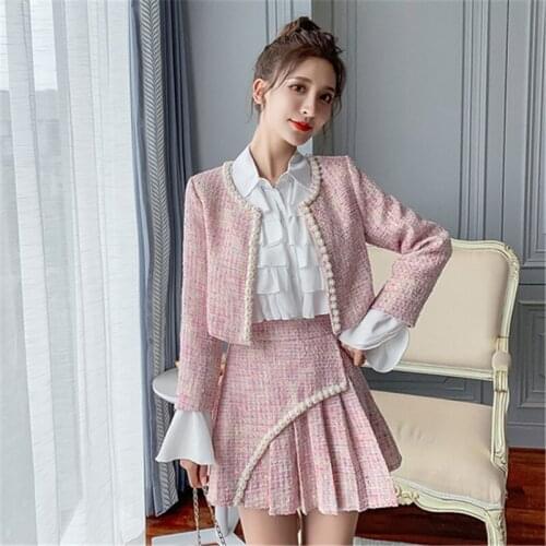 2021Autumn Winter Women Tweed 2 Piece Set Female Fashion Pearl Slim Short Jacket Coat + A Type Pleated Mini Short Skirt Suit