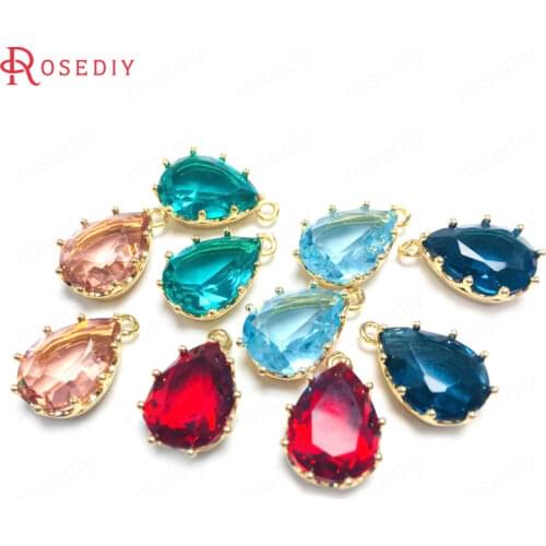 6PCS 18x11MM 22x14MM 24K Champagne Gold Color Brass and Glass Tear Drop Shape Colourful Glass Beads Charms Pendants Findings