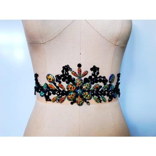 Free shipping handmade crystal patches trim sew on black rhinestones applique 29*9cm for dress accessories