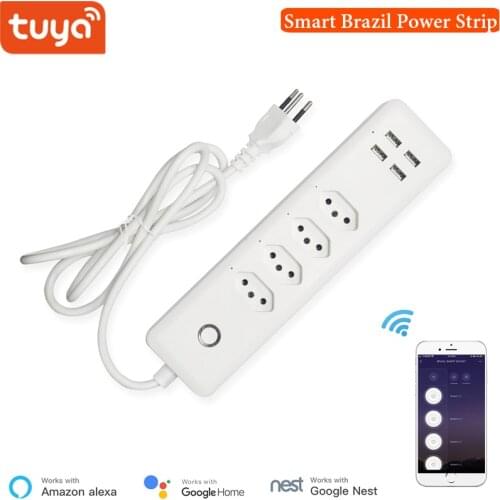 Brasil Smart Regua de Energia, WiFi Outlet With 4 Plugs and 4 USB Ports, Timer Sockets,Works With Alexa Google Home