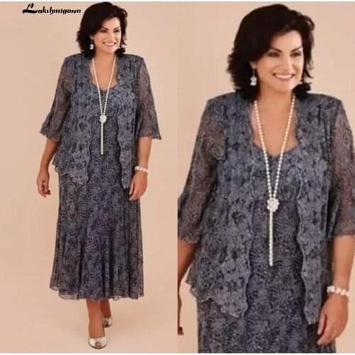 Elegant Gray Mother Of Bride Dresses Suits With Jackets Lace Tea Length Plus Size Outfit Formal Wedding Party Guest Dress Latest