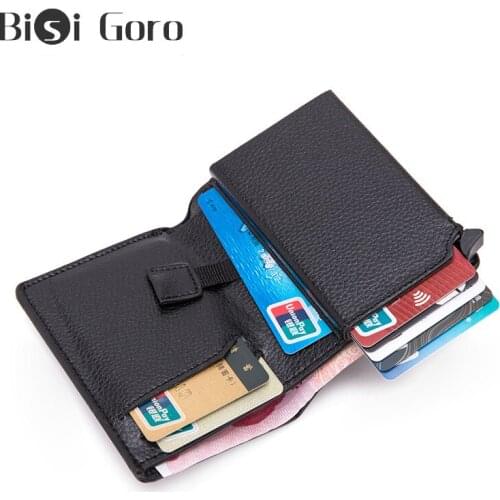 BISI GORO 2020 Minimalist Wallet RFID Metal Blocking Card Holder Aluminum High Quality Soft Leather Slim Card Case Travel Wallet