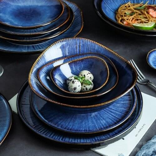 Creative Tableware Klin Glaze Blue Color ceramic Plate Home Flat Plate Deep Steak Dish Bowls Breakfast Dinner Dishes And Plates