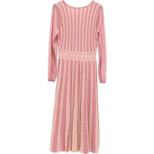 Ice V neck silk knit dress female over the knee summer elastic waist striped bright silk color beach holiday beach dress wq2036