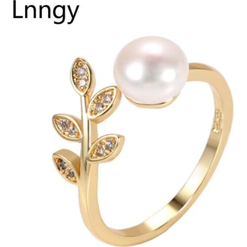 Lnngy 14K Gold Filled Natural Freshwater Pearl Ladies Leaves Ring for Women Engagement Wedding Adjustable 7-7.5mm Pearl Rings
