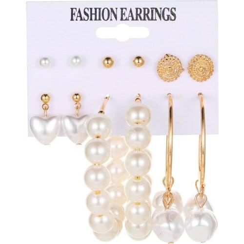 New Fashion Jewelry Ear Accessory Set Studs Earrings Lady Girls Design Pearl Heart Circle Geometric Earrings 6 Pairs/set