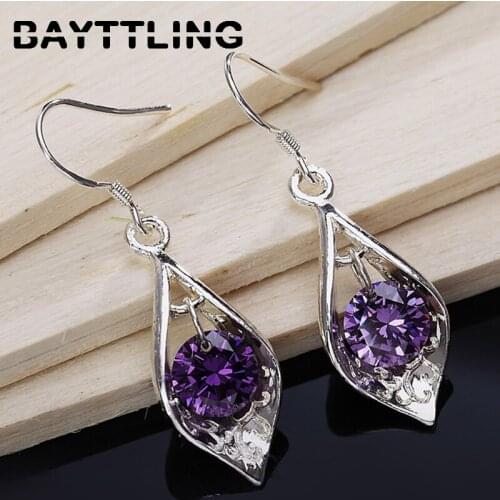 BAYTTLING New 42MM 925 Sterling Silver AAA Zircon Purple Drop Earrings For Woman Fashion Party Gift Wedding Jewelry Earrings
