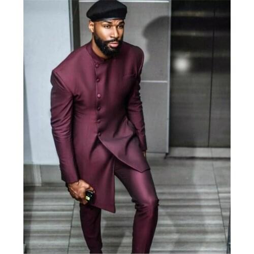 2021 Stand Collar Formal Burgundy Men Suit Slim Fit Wedding Suits For Men Groom Tuxedo Indian Wedding Party Wear Best Man Blazer