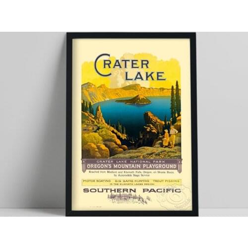 Vintage World Travel Poster, Southern Pacific Crater Lake Still Life Art Prints, Lake Mountain Scenery Wall Picture Home Decor