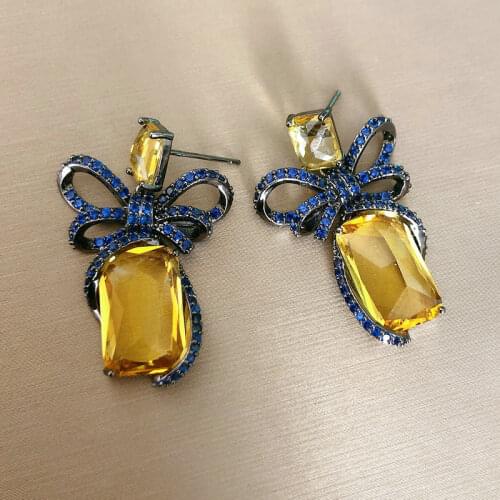 Bilincolor Fashion Royal Blue Knot Square Yellow Zircon Luxury Drop Earrings for Women