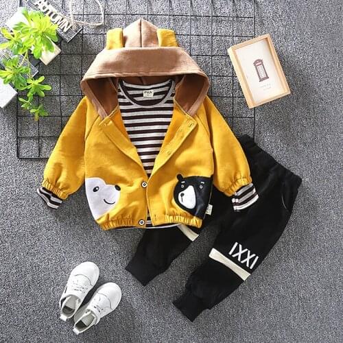 Spring Autumn Casual Children Boys Clothes 3 Piece Sets Cartoon Hooded Coat+Striped T-shirt+Pants Kids Boys Outfits 12M-4T