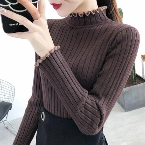 Knitted Bottoming Shirt Core-Spun Yarn 2021 Autumn Winter New Female Sweater Wood Ear Half Turtleneck Sweater Womens Top A289