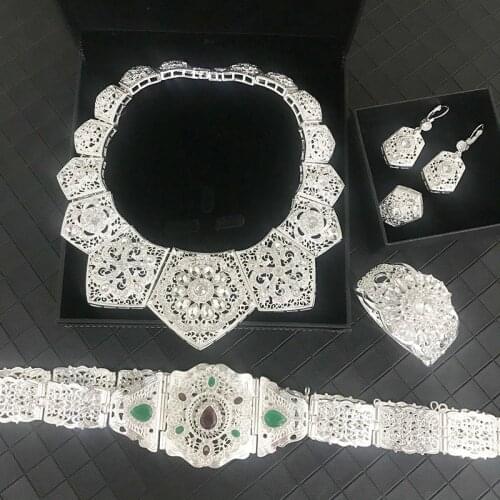 1 set Stock Vintage wedding Party jewelry set silver color crystal necklace Ring Earrings Bracelet Belt for women Arab Muslim