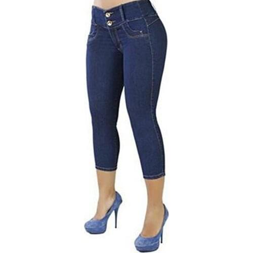 2020 Plus Size Women Sexy Casual Cropped Pants Solid Color Button Fly Waist Slim Trousers Breathable Elastic Pencil Slim Pants