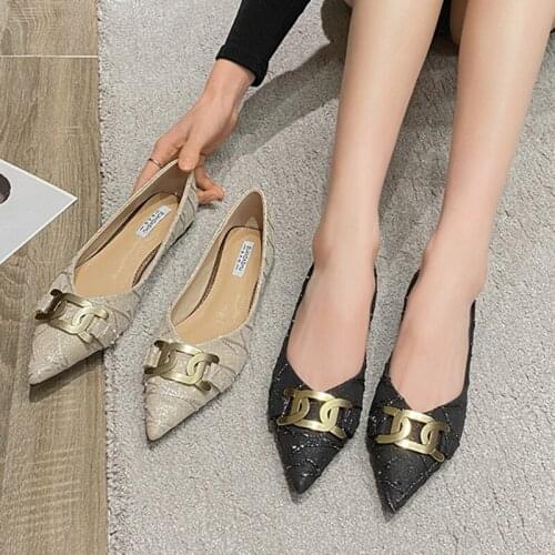 2021 Elegant Pointed toe metal chain flats female ballerina sneakes women shoes loafers sequined cloth moccasins plus size 40-43