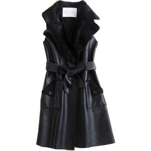 Autumn Winter Women Vest Plus Velvet Vest Warm Thickened PU Skin Long Coat Turn-down Collar Slim belted Vest Jacket