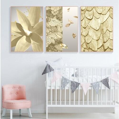 Golden Luxury Plant Picture Home Decor Nordic Canvas Painting Wall Art Gold Leaf Decor Posters and Prints for Living Room