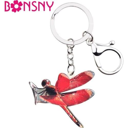 Bonsny Acrylic Flying Red Dragonfly Key Chains Keychains Rings Insect Jewelry For Women Girls Handbag Purse Charms Pendant Gift