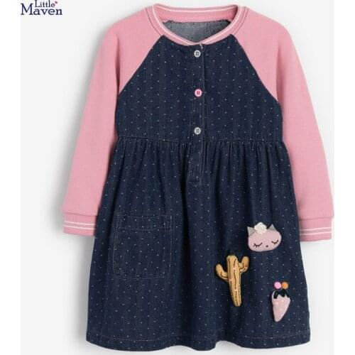 Little Maven Frocks for Baby Girl Brand Autumn Clothes Animal Applique Toddler Dot Contrast Sleeve Fall Dress for Kids 2-7 Years