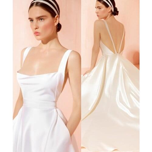 Square Collar A-Line Long Wedding Dresses with Pockets Zipper Back Satin Vestidos de Novia Abendkleider Bridal Gowns for Women