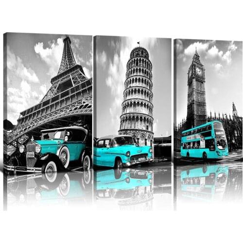 Paris Eiffel Tower Teal Car Europe Building Modern Bathroom Home Decor Black and White Cityscape Big Ben Pictures