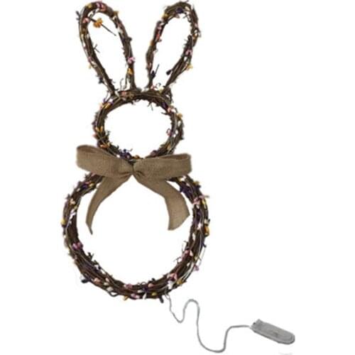 With Light Handmade Rattan Bunny Rabbit Garland Wreath Pendant Christmas Easter Door Hanging Garland Holiday Home Decorations