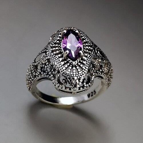 Charm Mystic Retro 925 Thai Silver Amethyst Ring Korean Fashion Hollow Out with Purple Rhombus Zircon Band Engagement Jewelry