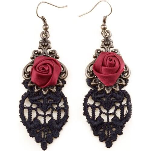 Korean Fashion Personality Alloy Flowers Hollow Lace Red Rose Pendant Earrings Jewelry For Women