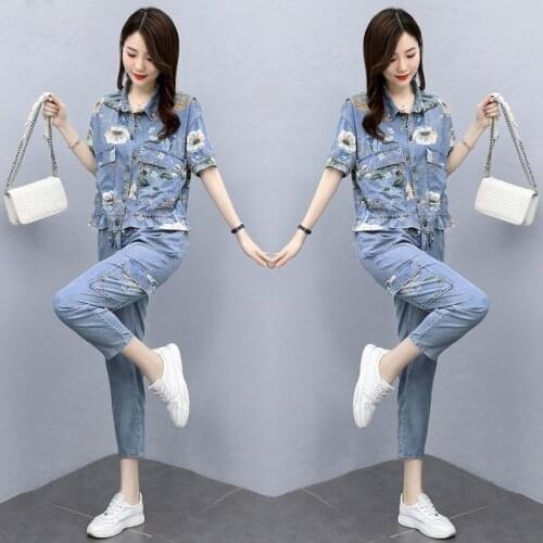 2021 Summer New Style Womens Fashion Casual Two-piece Ice Silk Denim Western Style Two-piece Womens Clothing