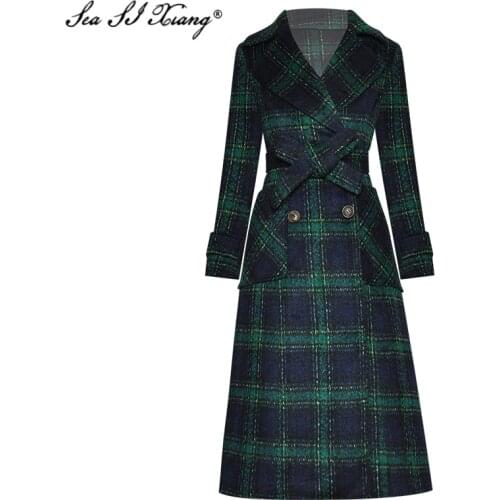 Seasixiang Fashion Designer Autumn Winter Wool Blends Overcoat Lace-up Turn-down Collar Long Sleeve Plaid Overcoat