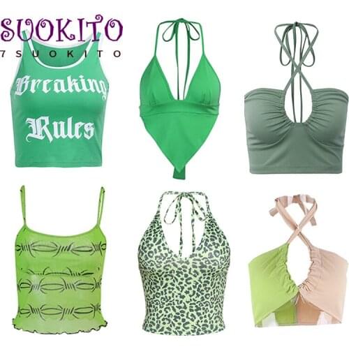 Y2K Fashion Green Camouflage Hollow Out Bandage Cropped Tops Punk Style Halter Backless Tank Tops Vintage Rave E-girl Outfits