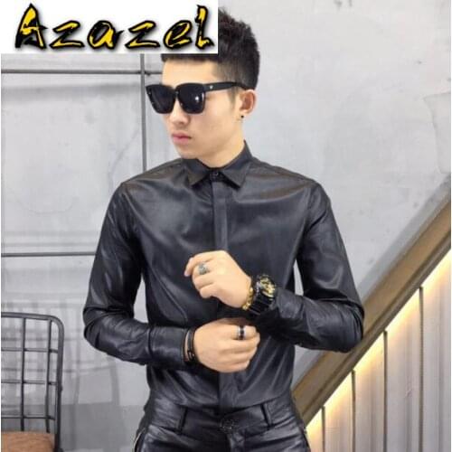Hot 2020 New spring New imitation sheepskin washed leather long-sleeved shirt men trend Korean Slim leather shirt dark blue