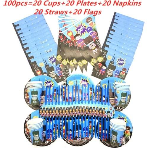 100 pcs Cartoon Superhero Party Boys Birthday Party Decoration Disposable Tableware Set Kids Birthday Party Supplies Baby Shower