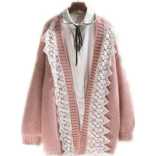 Autumn Winter Womens Knitted Sweaters Sweet Lace Pleated Loose Female Cardigans Casual Lady Jackets V-Neck Coats Femme Clothes
