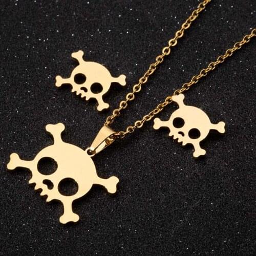 Punk Stainless Steel Gold Skull Jewelry Set Chic Girls Skull Earrings&Necklace Jewelry Gift