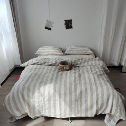 Set of 4 Pre stone washed 100% Natural Linen Light Grey and Cream striped bedding duvet cover set+ 2 pillowcases + flat sheet