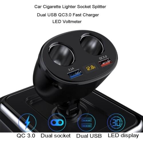 3IN1 Car Cigarette Lighter Socket Splitter Plug QC3.0 Dual USB Charger Voltage Current Monitor For Smartphone Tablet 12V 24V