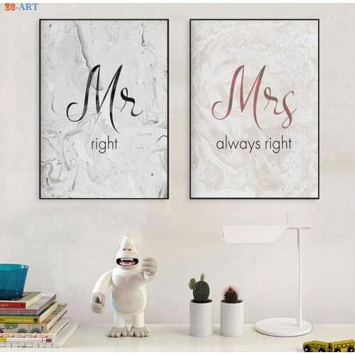 Romantic Mr Mrs Prints Poster Quotes Canvas Painting Couple Wall Art Marble Master Bedroom Decor Wedding Decoration