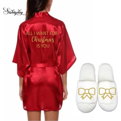 Sisbigdey Christmas Robe women Christmas slippers Red lingerie xmas party robes gold foil writing short satin robes