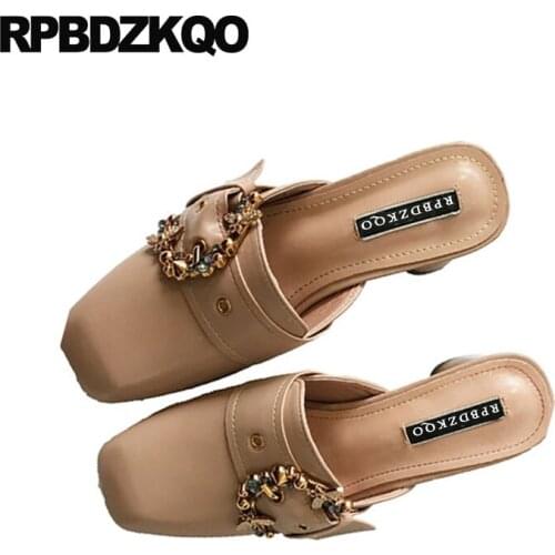 Square Toe Shoes Pumps Discount Thick Metal Designer Crystal Sandals Mules Slipper Size 4 34 Ladies High Heels Rhinestone