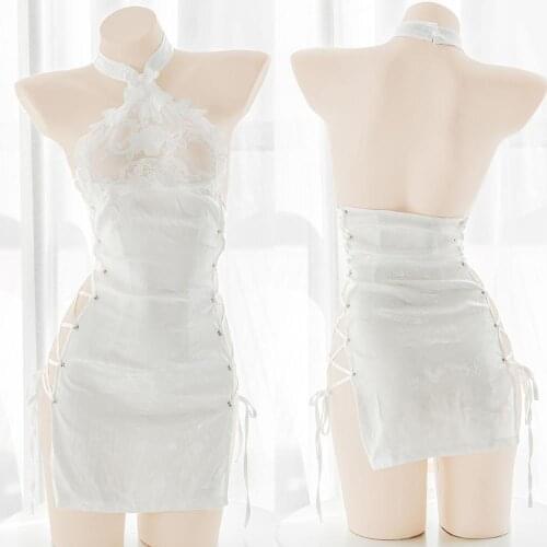 Vintage White Sexy Lolita UltraShort Jacquard Cheongsam Dress Backless Hollow Lace Side Lace-Up Perspective Halter Nightdress