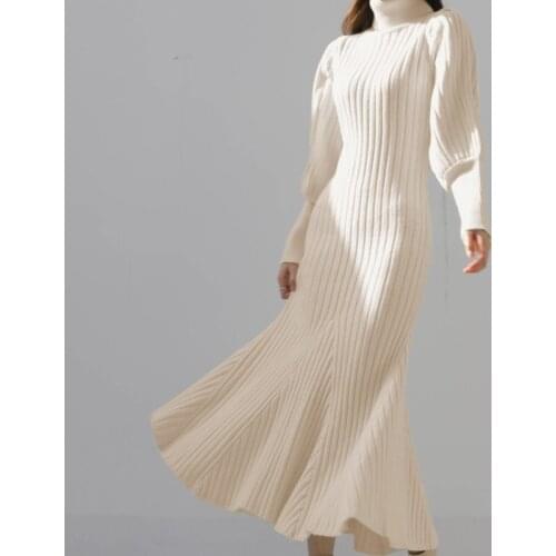High Quality 2020 Autumn Winter Thick Mermaid Knit Sweater Dresses Elegant Lanthern Sleeve Slim Mid-Length Dresses Female